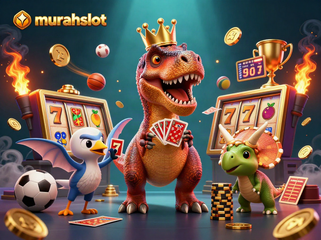 Experience the excitement of murahslot with a vibrant 3D scene featuring animated characters shuffling cards and stacking chips.