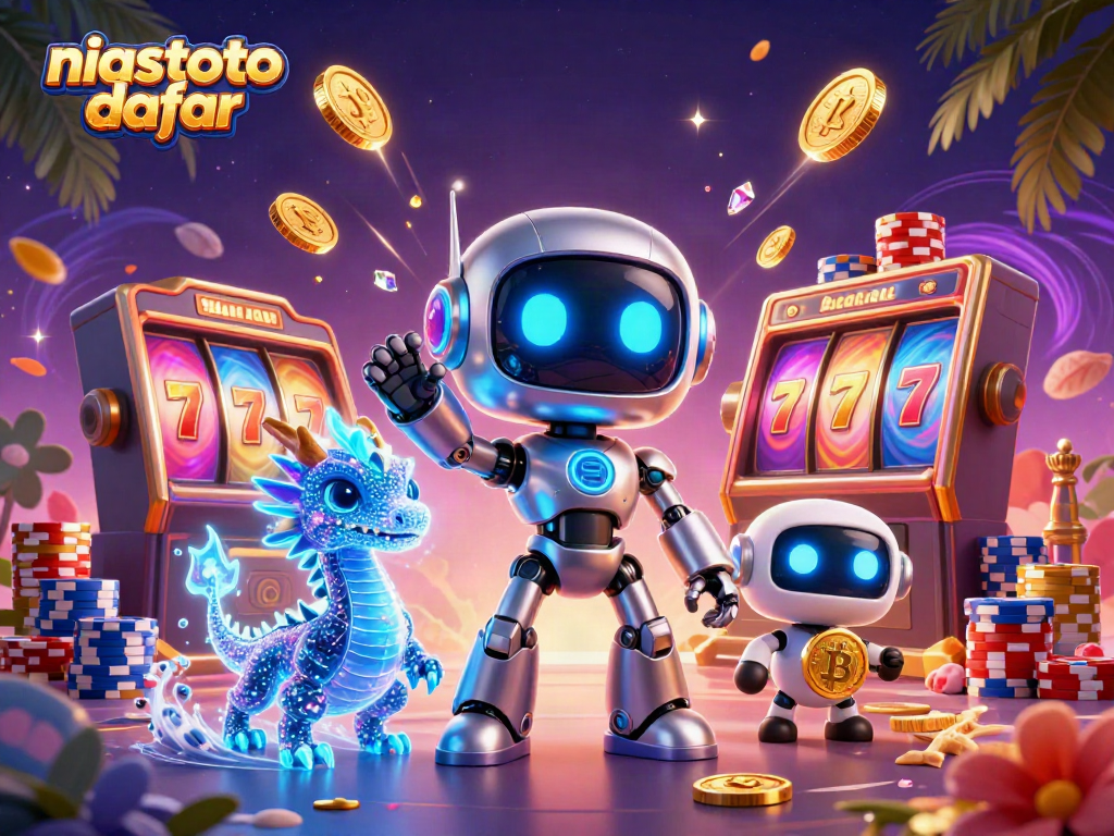 Visualisasi menarik dari niastoto daftar dengan elemen kasino digital dan robot futuristik.