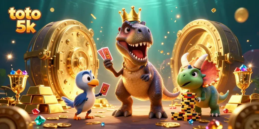 Aktifkan toto 5k dengan mengumpulkan koin emas dan menumpuk chip bantuan triceratops dalam permainan kasino.