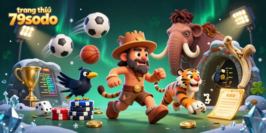 Engage with dynamic gaming elements on trang chủ 79sodo in an immersive prehistoric casino scene.