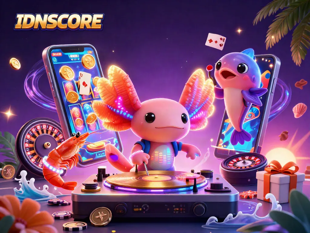 IDNSCORE enhances excitement with vibrant slot game characters in a lively underwater DJ scene.