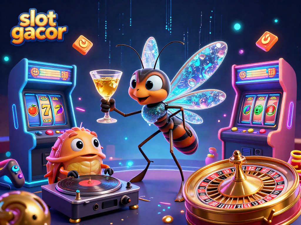 Slot gacor menjadi sorotan, karakter kasino 3D hidup dengan mesin permainan berkilau.