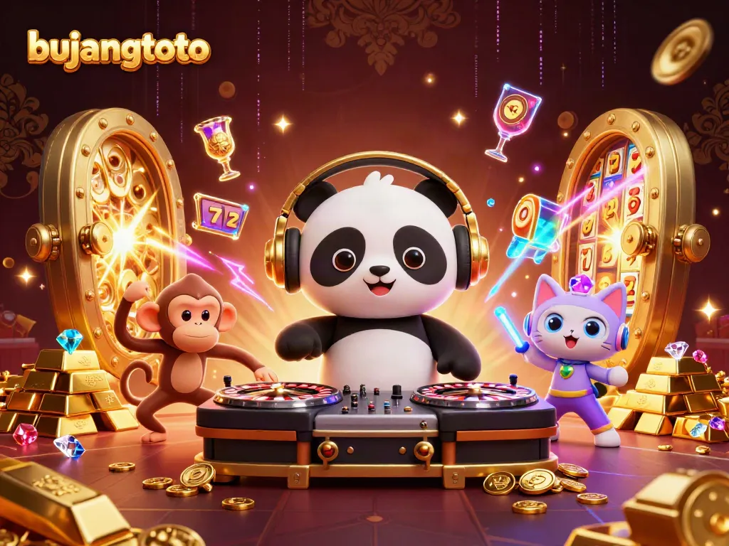 Bujangtoto showcases vibrant casino vibes with a DJ panda and dancing characters amid rich game elements.