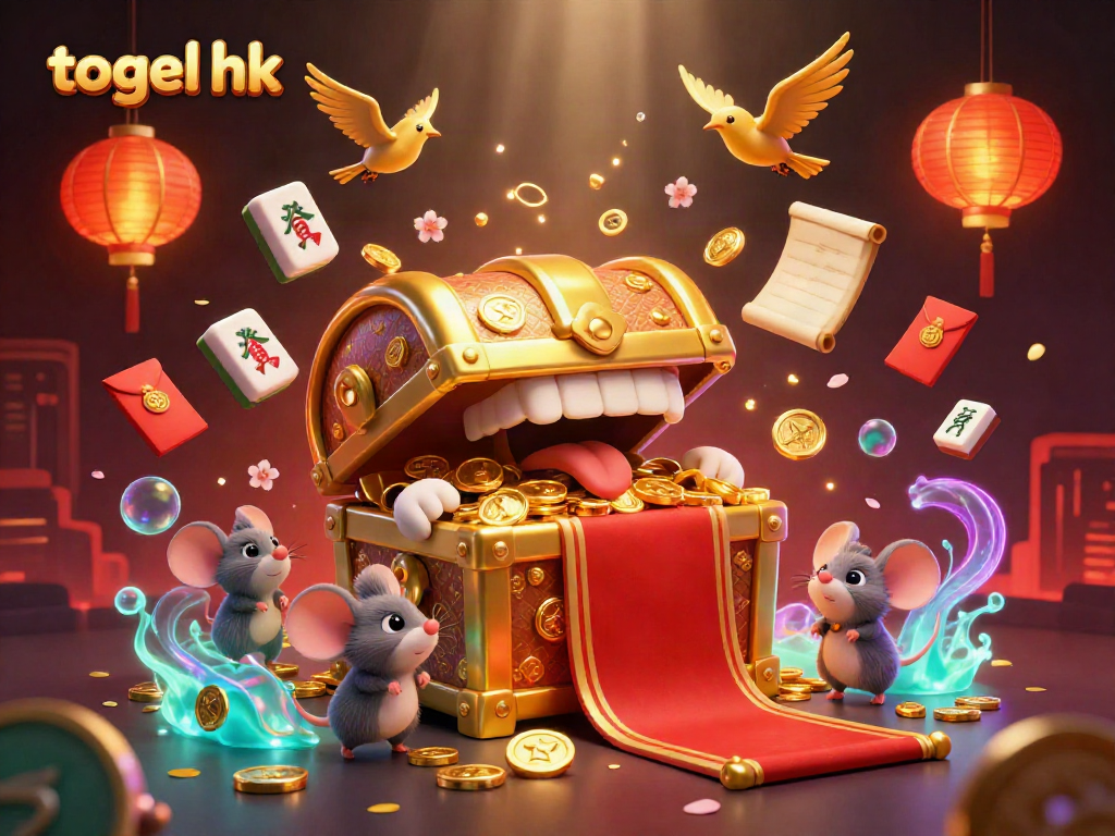 Gali jackpot togel hk dengan peti harta karun 3D yang menggiurkan dan simbol keberuntungan.
