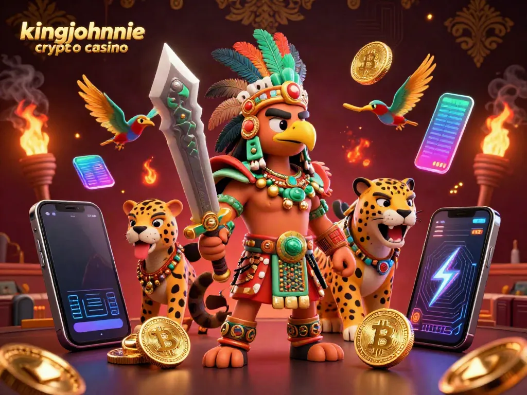 Engage with kingjohnnie crypto casino's vibrant world featuring aztec warriors and crypto elements.