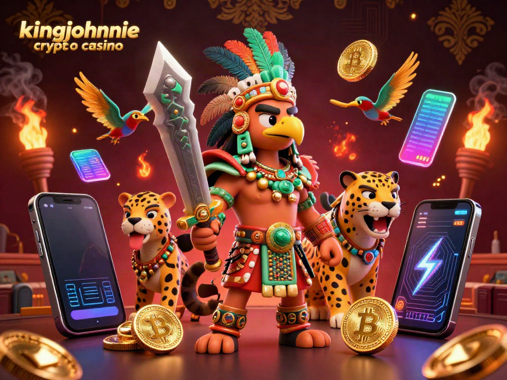 Engage with kingjohnnie crypto casino's vibrant world featuring aztec warriors and crypto elements.