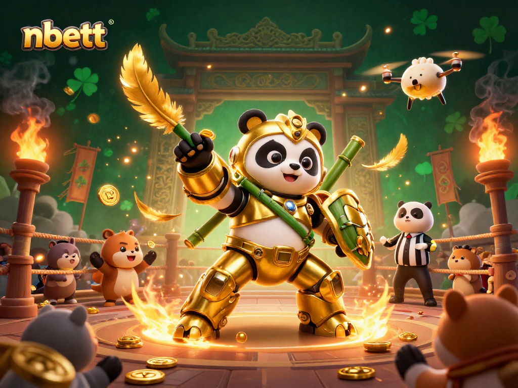 Witness nbett's exciting gaming atmosphere, featuring a vibrant mech-suit panda amidst gold coins and dynamic arena elements.