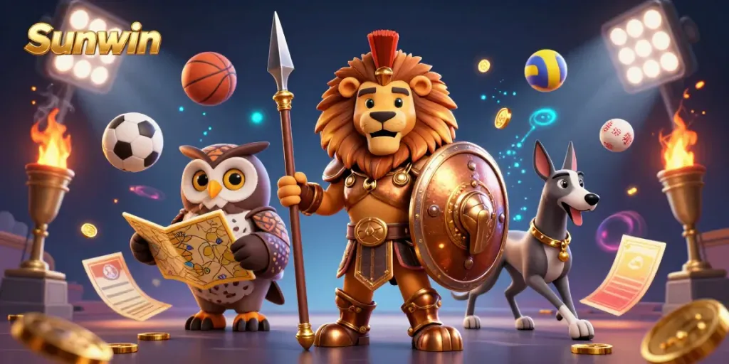 Experience thrilling wins with Sunwin at this vibrant casino scene featuring heroic characters and dynamic sports elements.