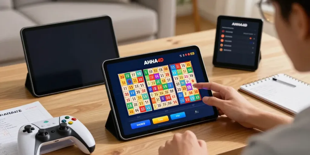 Player using AHHA4D platform on tablet in cozy gaming setup.