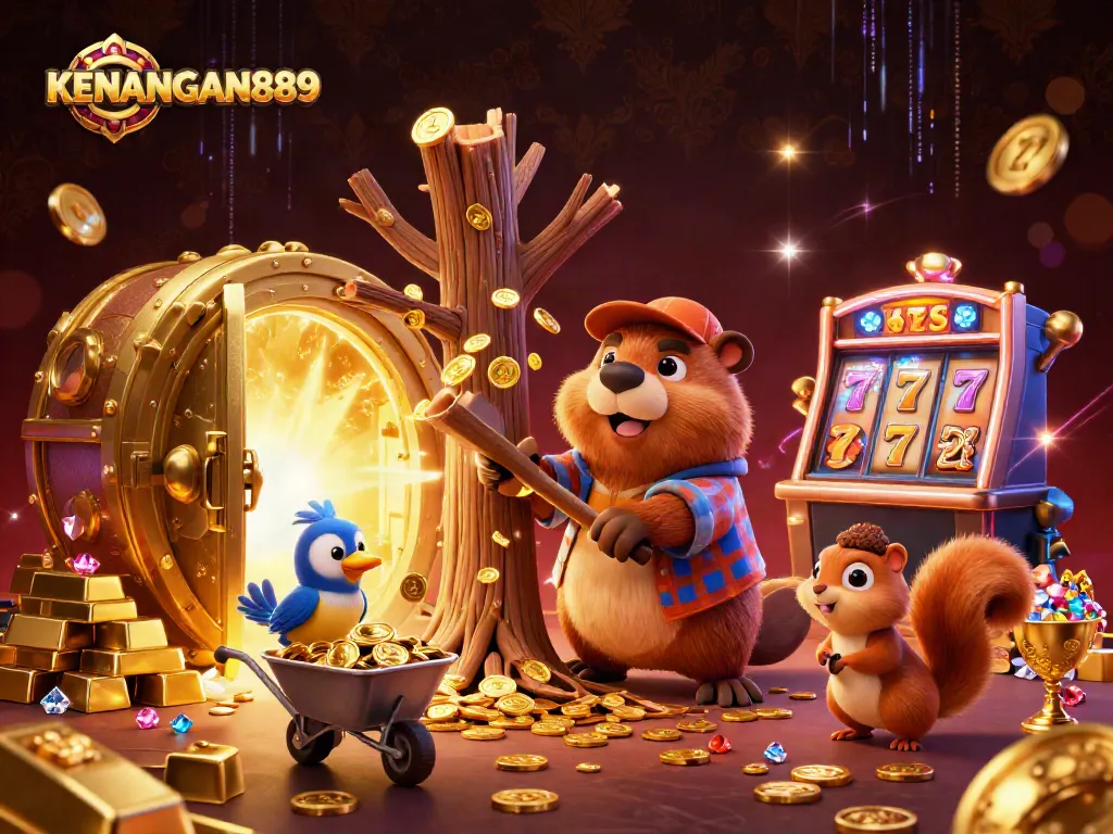 Spin and win with KENANGAN889 in a vibrant online casino adventure illustration.