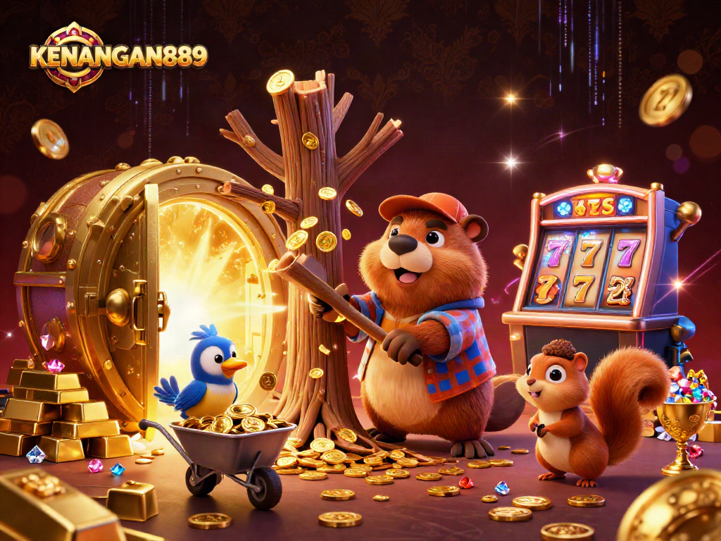 Spin and win with KENANGAN889 in a vibrant online casino adventure illustration.