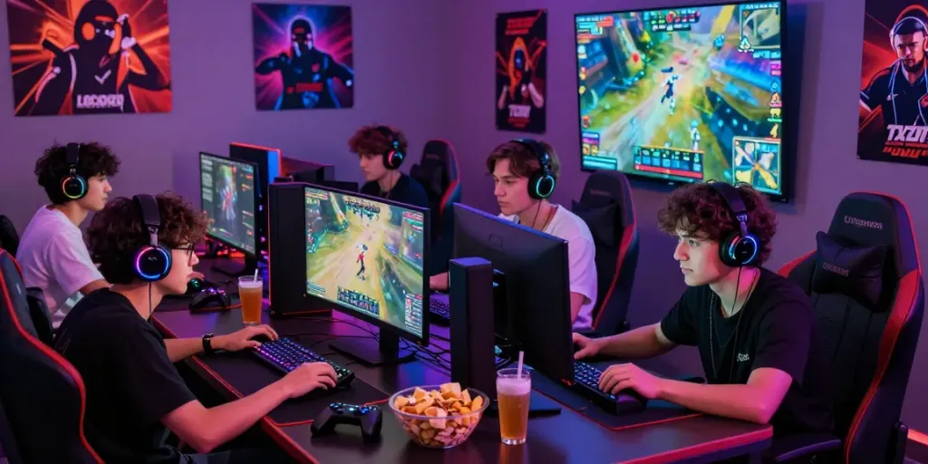 Suasana bermain natunatoto secara online dengan gamer muda yang asyik berkompetisi.