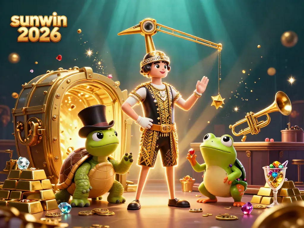 Experience sunwin 2026 with a vibrant scene of gambling excitement filled with gems and treasures.