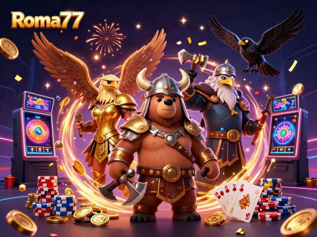 Experience thrilling wins with Roma77's vibrant gaming scene featuring a Viking, Valkyrie, and interactive slots.