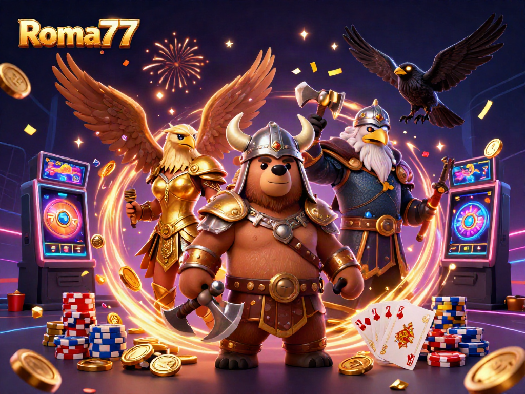 Experience thrilling wins with Roma77's vibrant gaming scene featuring a Viking, Valkyrie, and interactive slots.