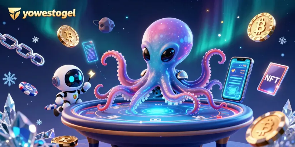 Engage with yowestogel at a cosmic poker table surrounded by orbiting cryptocurrency coins.