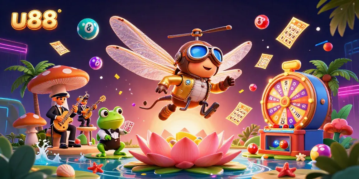 Experience excitement at u88 with a vibrant 3D casino scene featuring a dragonfly pilot, frog croupier, and jazz musicians.