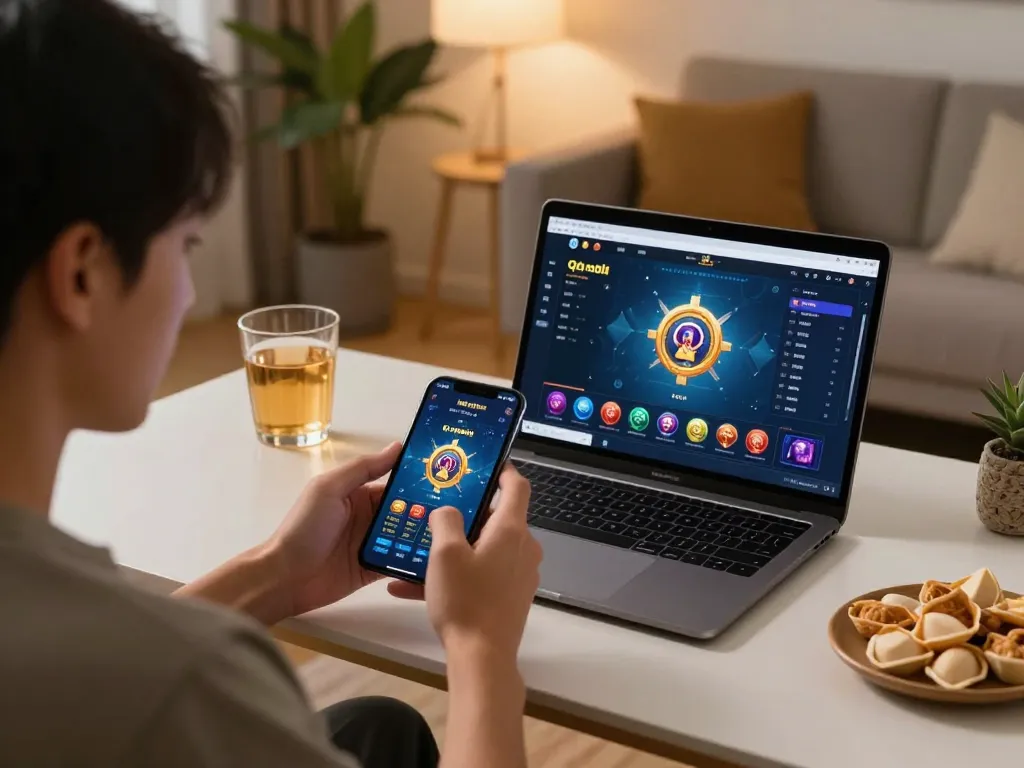 Engaging with qq mobil on a smartphone, showcasing a dynamic online gaming experience in a home setting.