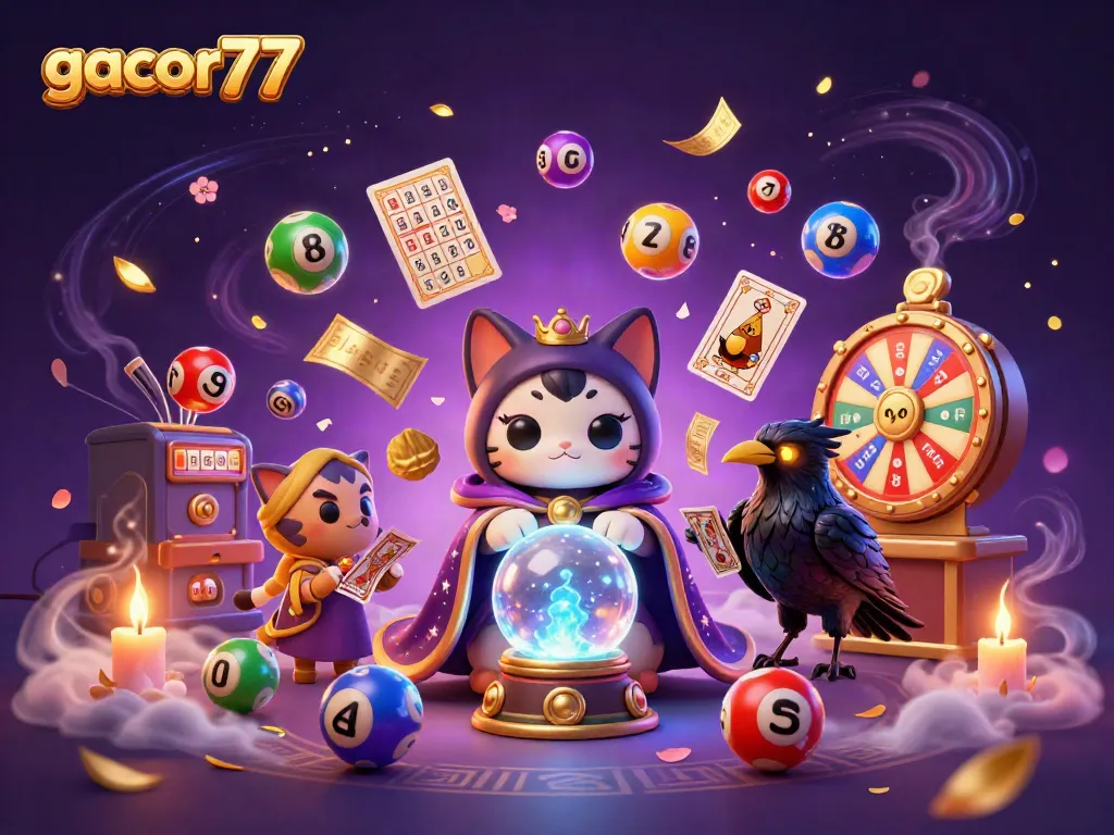 Gacor77 hadir dengan ilustrasi karakter kasino seperti kucing mistis dan burung gagak, serta elemen lottery menarik.