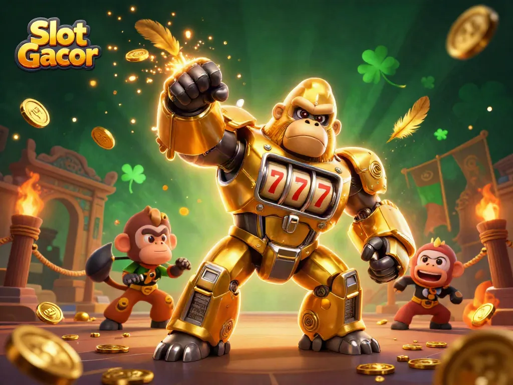 Experience Slot Gacor action with a 3D golden gorilla mech and dynamic casino elements.