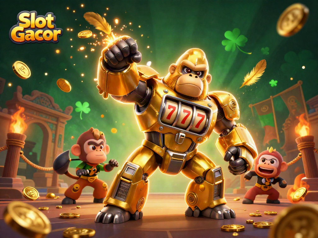 Experience Slot Gacor action with a 3D golden gorilla mech and dynamic casino elements.