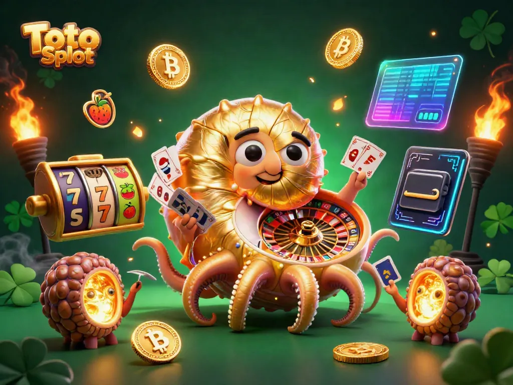 Ilustrasi 3D menampilkan Toto Slot dengan kerang nautilus kuno dan elemen kasino yang kaya.