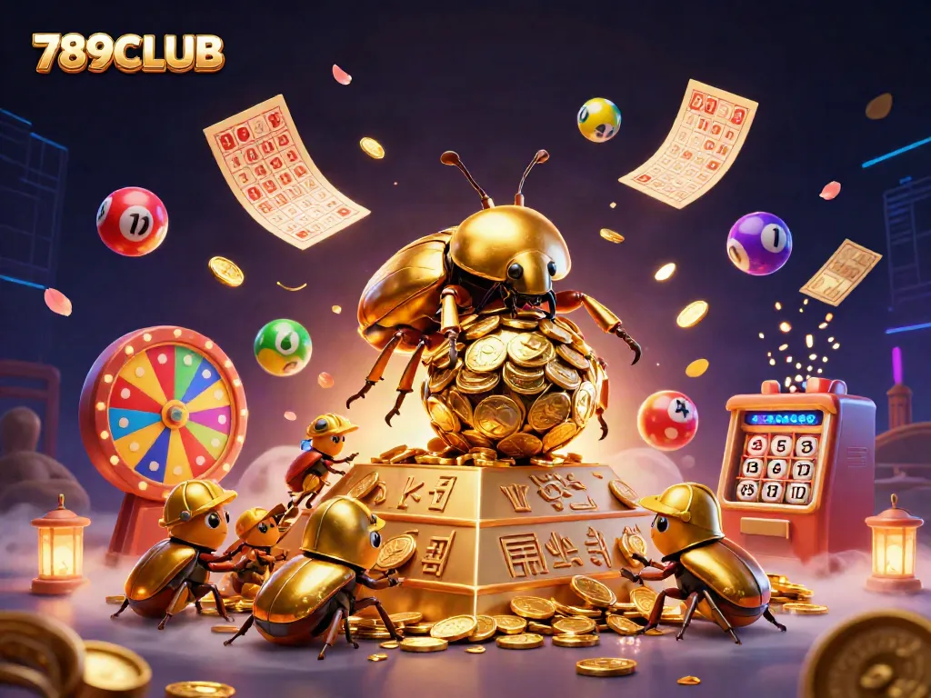 The golden dung beetle scene captures the excitement of 789CLUB gaming with vibrant colors and dynamic elements.
