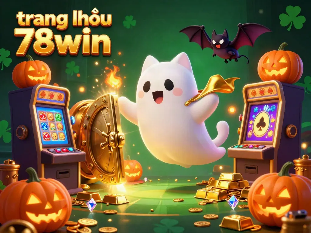 Experience the lively world of trang chủ 78win with a ghost cat and vampire bat amidst dazzling casino treasures.