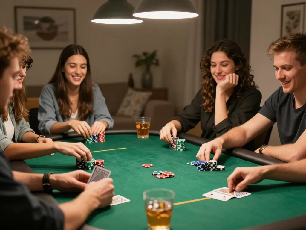 Engaging home poker night with friends competing around a table on rokok88, celebrating strategy and social gaming.
