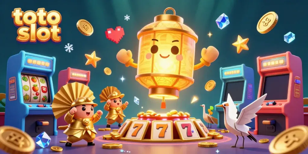 Permainan toto slot dengan karakter lampion emas bercahaya di kasino yang meriah, dikelilingi simbol hoki.