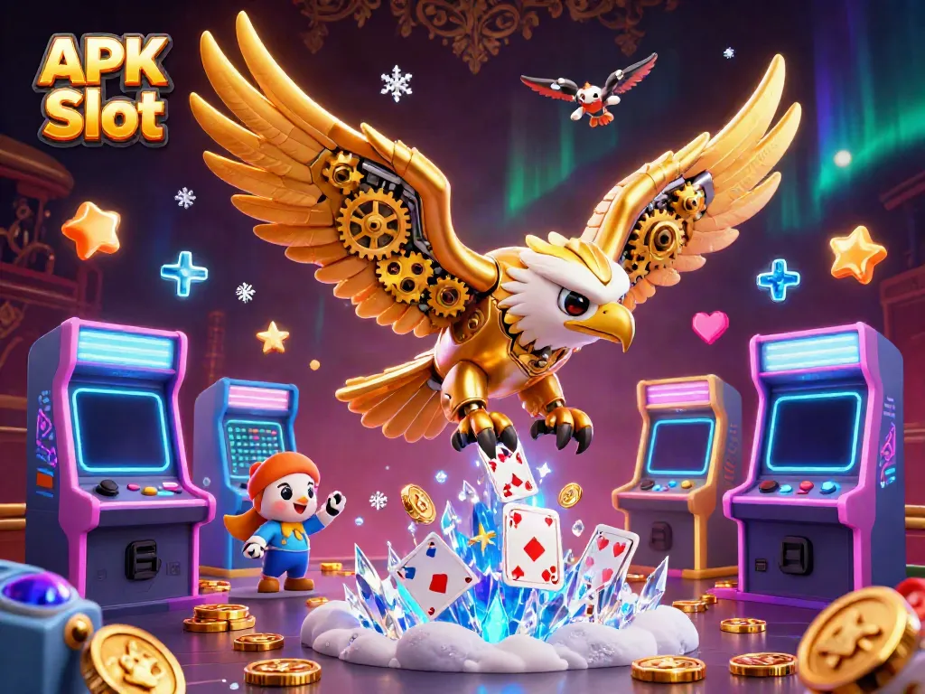 Experience thrilling gameplay with APK Slot in this vibrant 3D casino illustration featuring dynamic characters.