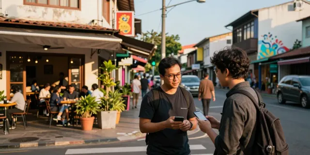 Person discussing jebolwd alternatif routes on a city street at sunset.