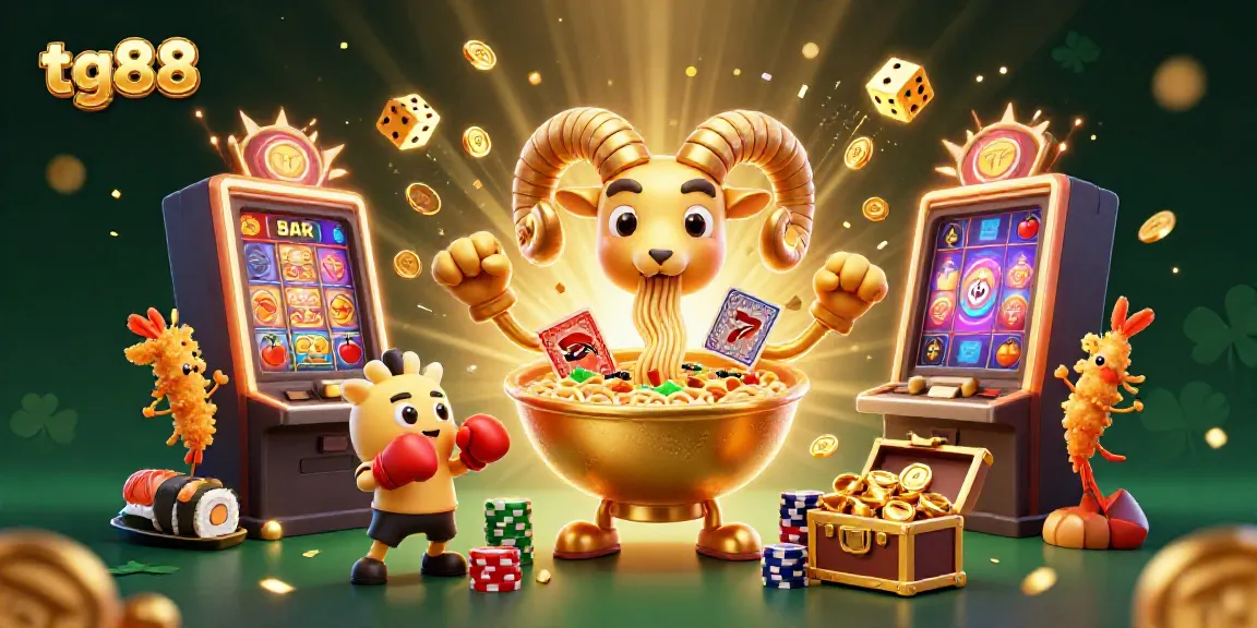 Engage with tg88, featuring a vibrant 3D scene of casino game characters amidst exploding jackpots and colorful elements.
