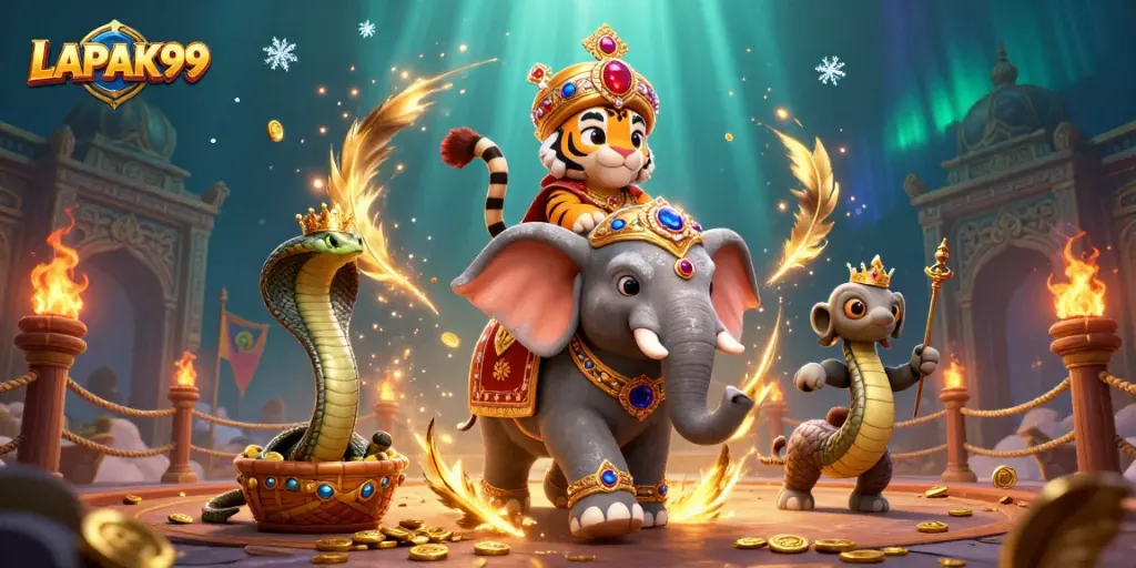 LAPAK99 promotes an exciting casino adventure featuring a tiger king, elephant, and cobra amidst vibrant gambling elements.
