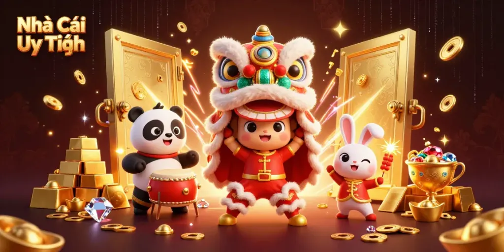 Engage with Nhà Cái Uy Tín through a lively 3D illustration featuring a lion dance and treasures