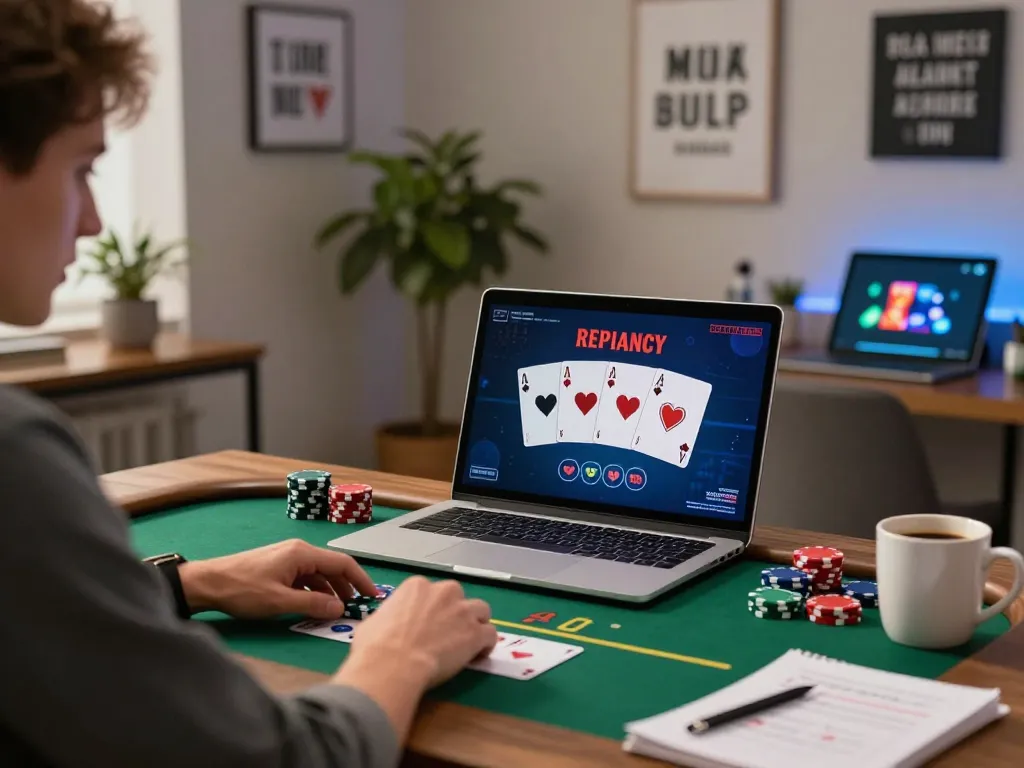 Permainan poker online yang menarik dengan daftar mpo777 di laptop di kantor rumah yang bergaya.