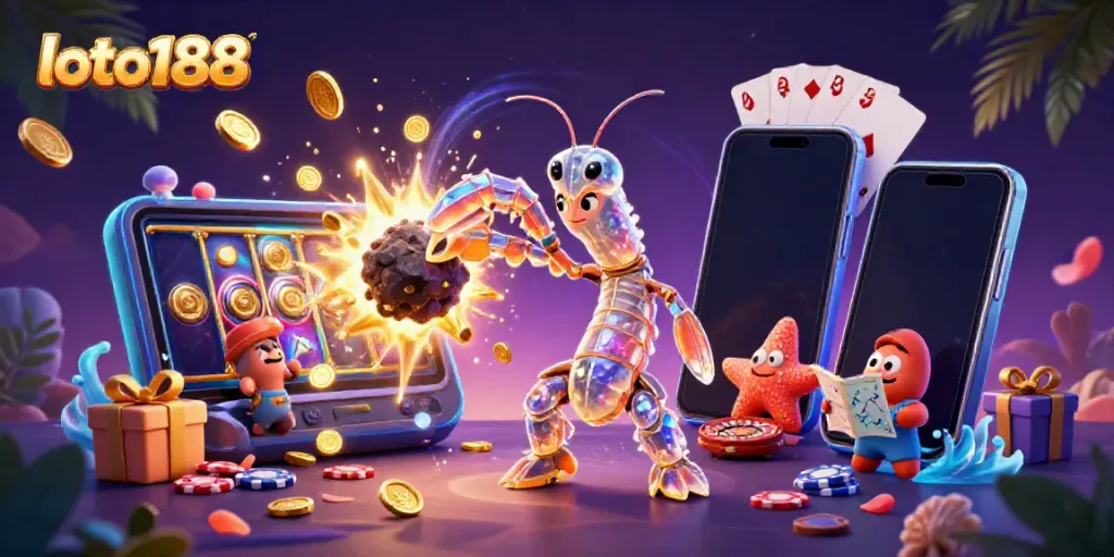Loto188 captivates with a vibrant illustration featuring a galactic shrimp hero striking through asteroids, symbolizing jackpot wins.