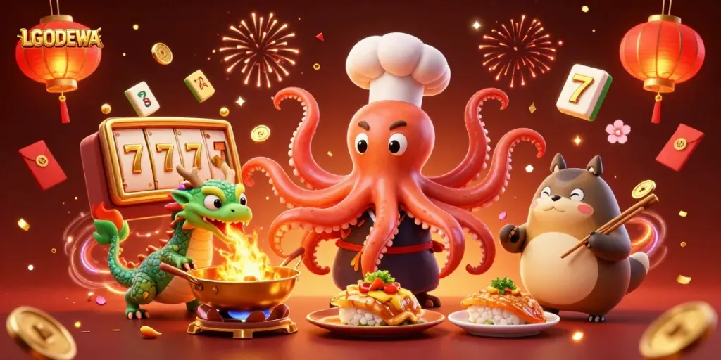 Experience the excitement of LGODEWA with dynamic casino elements and colorful characters in a vibrant scene.