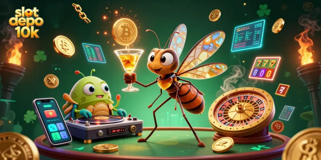 Engage the excitement of slot depo 10k with a vibrant 3D casino illustration featuring animated characters.