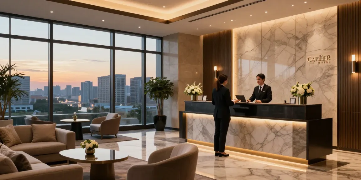 Experience the luxury of rokok88 at Carter Hotel's elegant lobby with stunning city views.