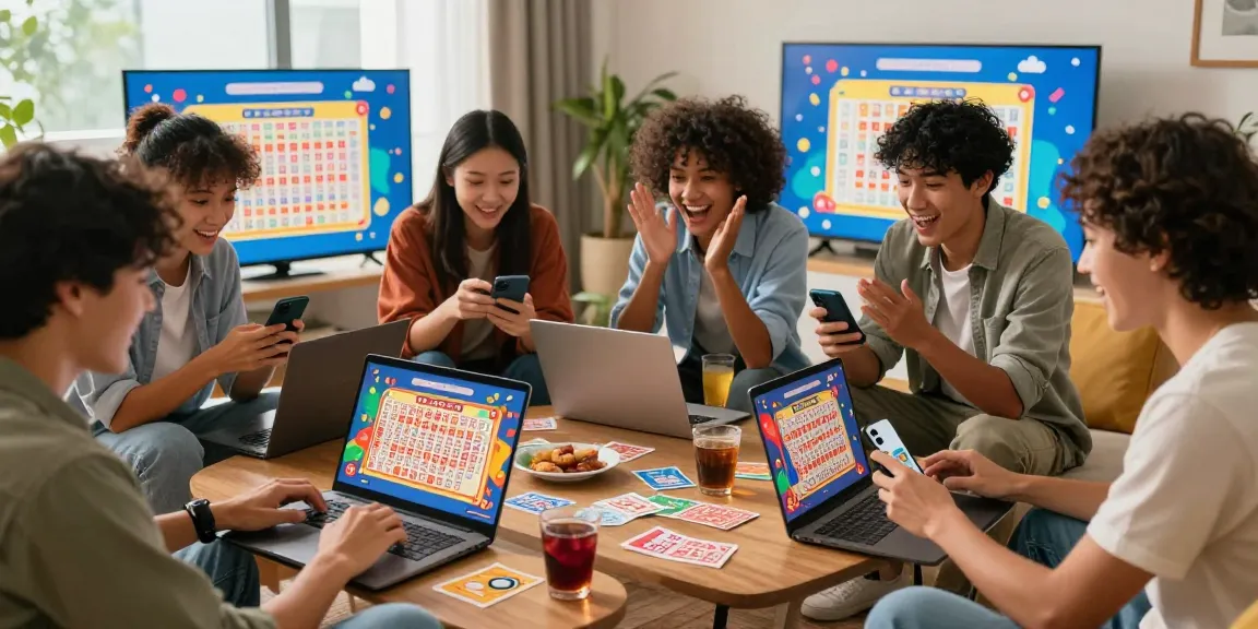 Excited group participating in an online lottery game with tempototo, surrounded by colorful tickets and live results.