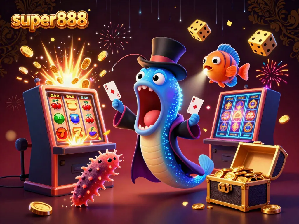 Bermain super888 dengan karakter unik dalam ilustrasi kasino penuh warna.