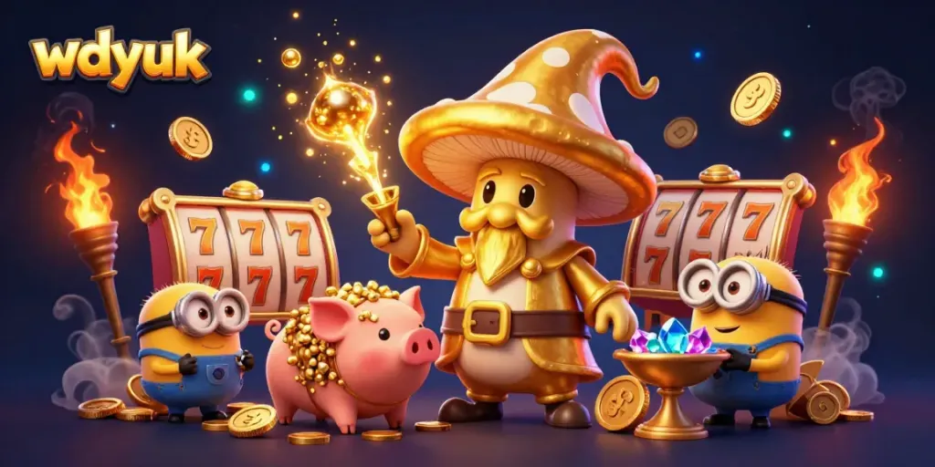 Experience the magic of wdyuk's online casino with a dynamic scene of vibrant characters and treasures.