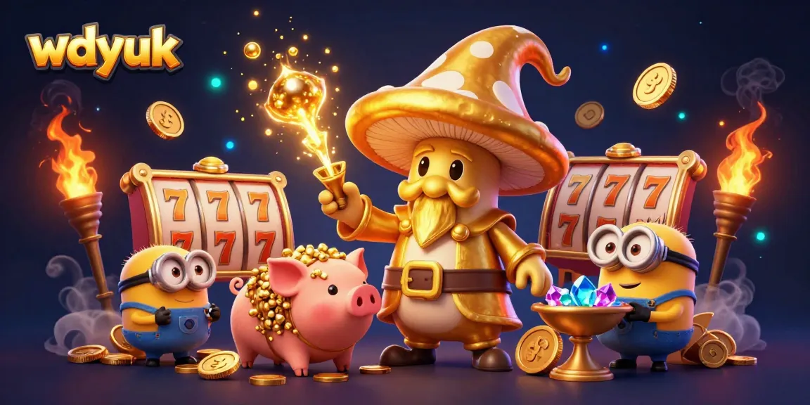 Experience the magic of wdyuk's online casino with a dynamic scene of vibrant characters and treasures.