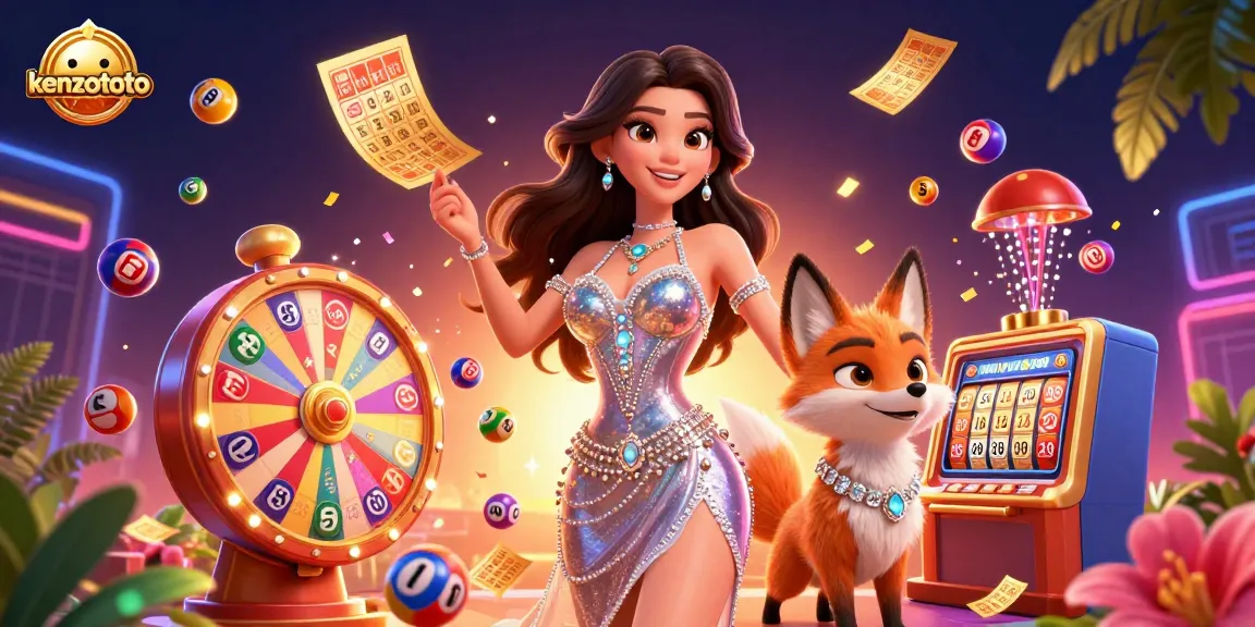 Kenzototo showcases an exciting lottery scene featuring a glamorous woman and her fox companion surrounded by colorful lottery balls.