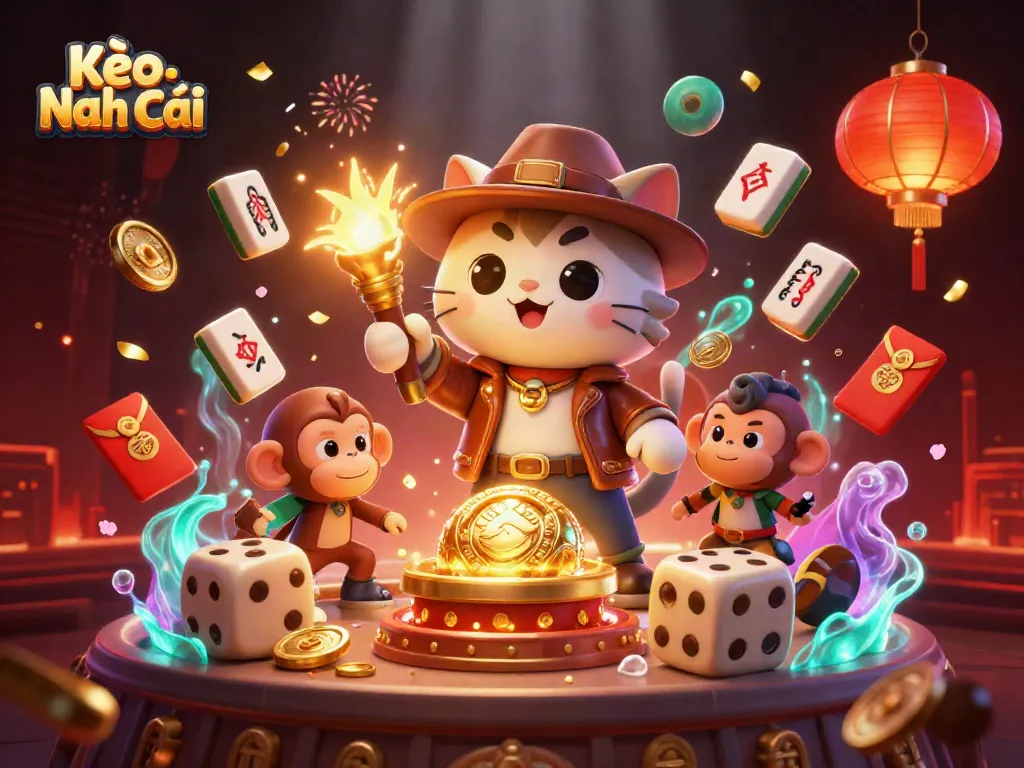 Experience Kèo Nhà Cái through captivating illustrations of an archaeologist cat and a monkey companion.