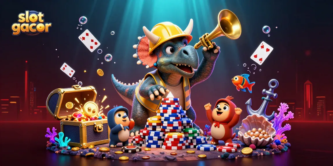 Menangkan putaran slot gacor dengan kartu permainan dan tumpukan chip poker yang ceria.