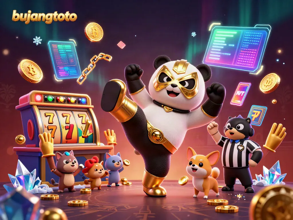 Experience the thrill of bujangtoto with a wrestling panda surrounded by casino elements, showcasing action and excitement.