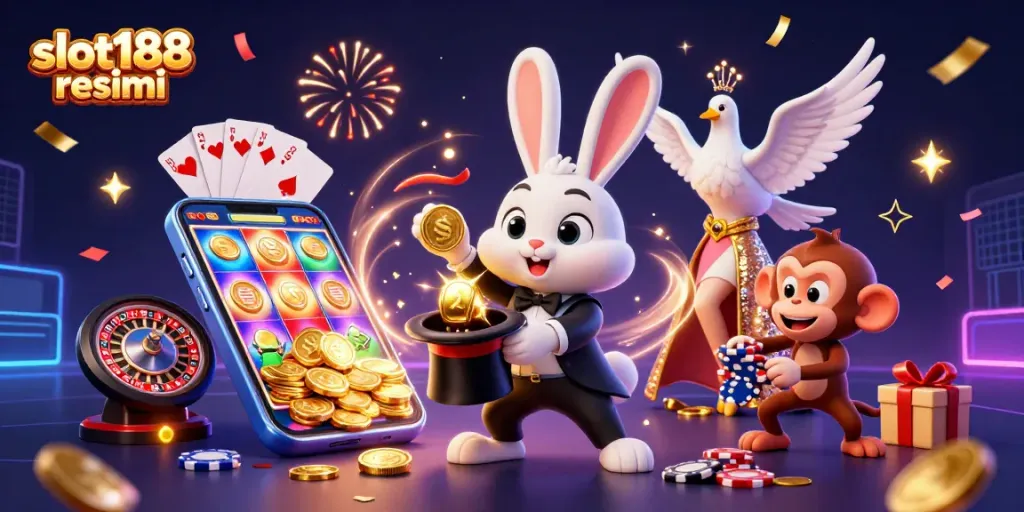 Menangkan jackpot dengan slot188 resmi melalui gambar kartun kasino yang menampilkan kelinci pemegang koin emas.