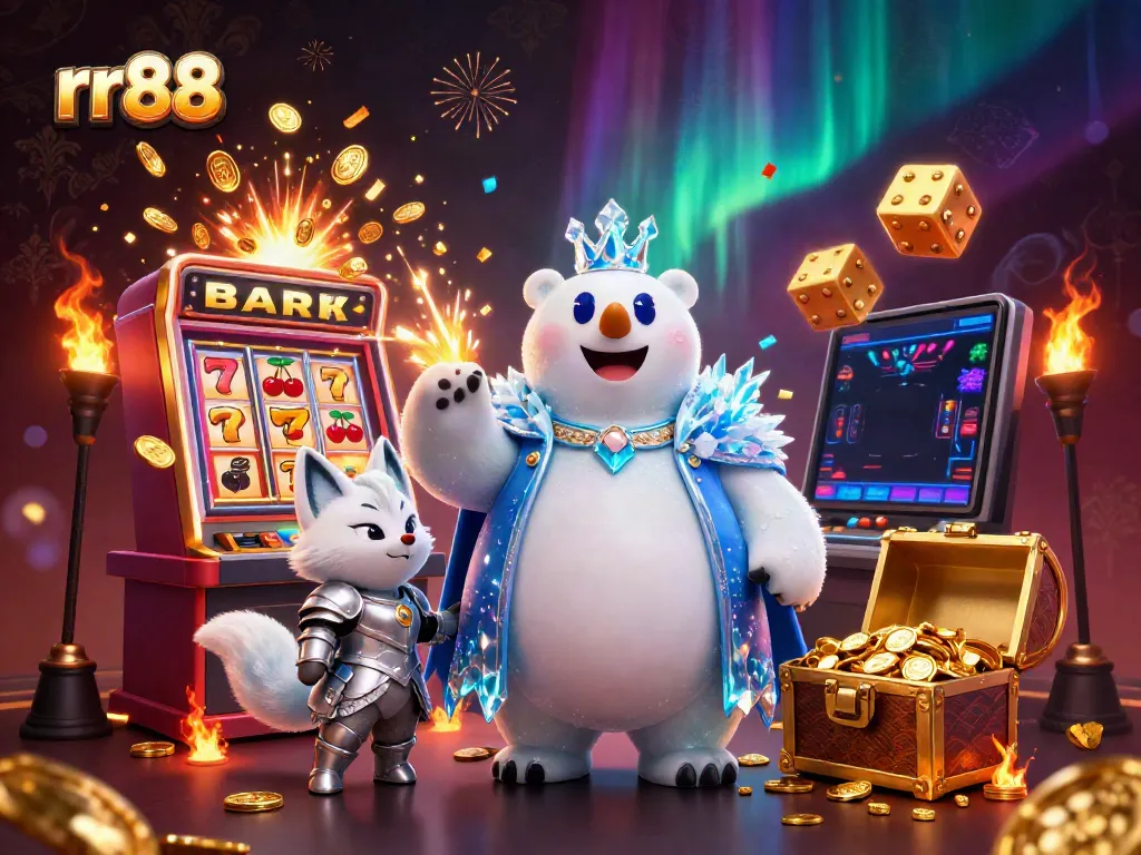 Experience thrilling gameplay at rr88 with a majestic ice king and a snow fox amid a vibrant casino scene.